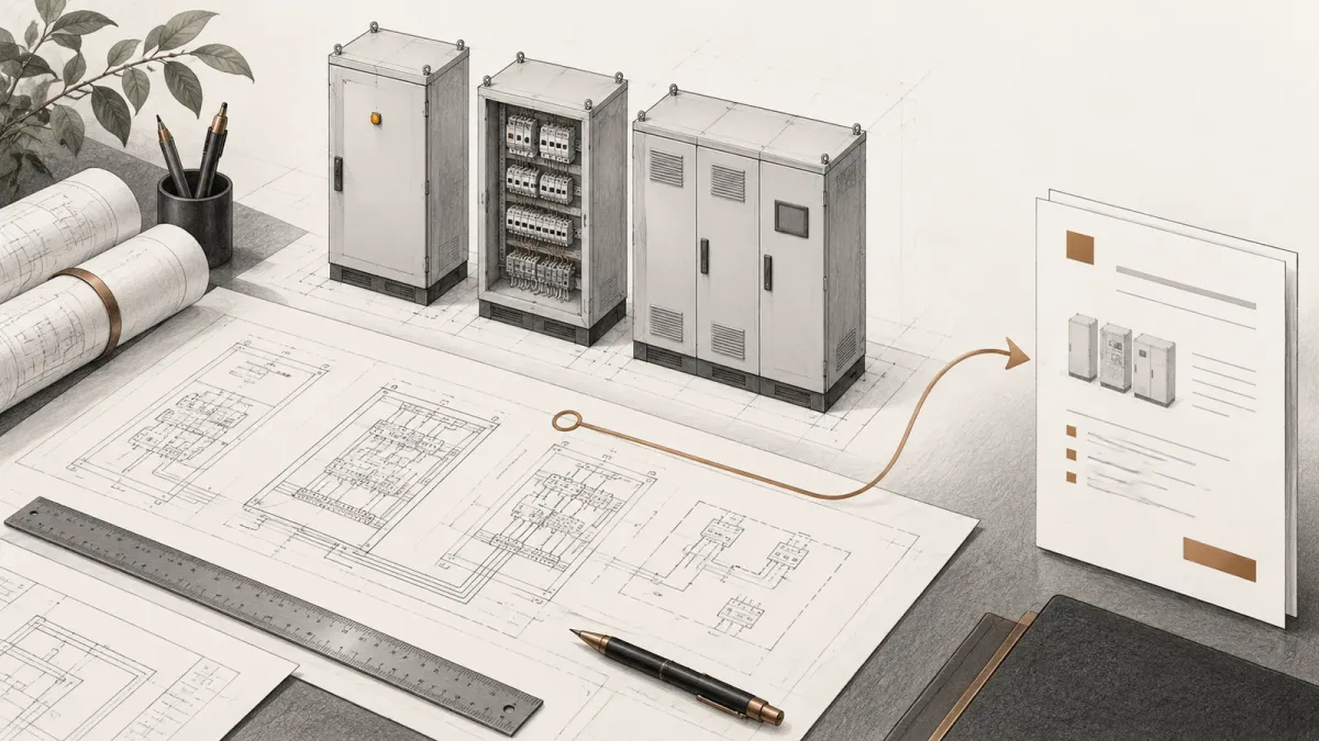 Ilustração de um painel industrial com etapas de cotação, regras e validação técnica conectadas por linhas em bronze.