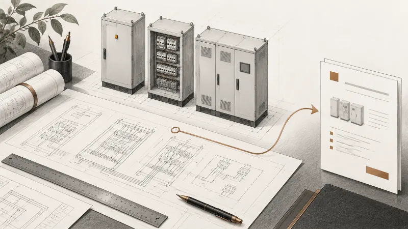 Ilustração de um painel industrial com etapas de cotação, regras e validação técnica conectadas por linhas em bronze.